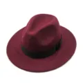 Burgundy faux felt wide brim fedora hat with black ribbon band for men and women - Burgundy