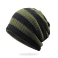 Slouchy knitted beanie featuring olive green and black wide stripes for winter warmth. - One Size (55-62cm) / Black Army Green