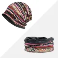 Set berretto e scaldacollo da donna con fodera in peluche e stampa boho in cotone - Stampa Geometrica - Foderato in Pile / Set Cappello e Scaldacollo / Rosa