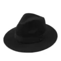 Classic black wool felt fedora hat with wide brim and ribbon band for unisex wear - Black