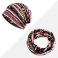 Bohemian print thin cotton slouchy beanie and matching infinity scarf set for women - Geometric Print - Thin / Hat and Neck Warmer Set / Pink