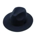 Elegant navy blue wool felt fedora hat with black ribbon band for men and women - Navy Blue
