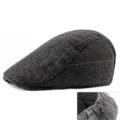 Dark grey herringbone woolen flat cap with orange check and elastic back detail - Elastic Adjustment / Black Herringbone
