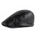 Boina clásica de cuero sintético negro para hombre y mujer para ocio al aire libre - Ajustable (56-59cm) / Estilo Liso / Negro