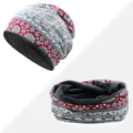 Berretto slouchy in cotone con stampa floreale e scaldacollo, protezione solare estiva traspirante - Stile Bohémien - Foderato in Pile / Set Cappello e Scaldacollo / Rosso Grigio