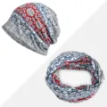 Set cappello beanie e scaldacollo in cotone con stampa floreale bohémien rossa e blu - Stile Bohémien - Sottile / Set Cappello e Scaldacollo / Rosso Grigio