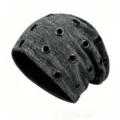 Detail view of grey punk knit beanie featuring multiple black metal grommets - Elastic Fits 56-60cm Head / Heather Gray With Gunmetal Rings