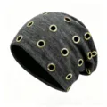 Macro detail of a grey punk style beanie featuring multiple gold metal eyelet decorations - Elastic Fits 56-60cm Head / Heather Gray With Gold Rings