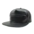 Black PU leather flat brim hip hop hat featuring a decorative front zipper detail - Single Row Zipper Style / Rear Plastic Buckle / Black
