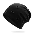 Punk style black slouchy beanie hat featuring metal grommet eyelets for hip hop streetwear - Elastic Fits 56-60cm Head / Black With Black Rings
