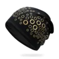 Trendy black hip hop beanie featuring gold metal ring decorations in punk style. - Elastic Fits 56-60cm Head / Black With Mixed Gold Rings