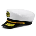 Cappello da capitano di marina vintage bianco con ricamo di spighe dorate - Adulto-Regolabile per circonferenza testa 56-59cm / Tipo regolabile / Bordo in Pelle - Nero & Bianco