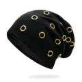 Black punk style hip-hop beanie hat with golden metal grommet eyelet details and warm lining - Elastic Fits 56-60cm Head / Black With Gold Rings