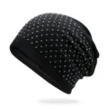 Black punk style knit beanie featuring silver metallic studs for winter warmth and hip hop - Elastic Fits 56-60cm Head / Black Polka Dots