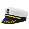 Cappello da capitano nautico classico bianco e blu navy con ricamo dorato di un'ancora - Blu Scuro Bianco