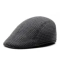 Classic retro houndstooth flat cap in dark grey and black for autumn winter warmth - Adult M 56-58cm / Black and Dark Gray Plaid