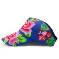 Ethnic style blue sun visor cap featuring vibrant colorful floral embroidery for women - Rose Blossom Brooch / Adjustable / Royal Blue
