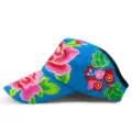 Blue ethnic style sun visor hat with vibrant floral embroidery for women. - Rose Blossom Brooch / Adjustable / Lake Blue
