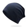 Solid navy blue cotton slouchy beanie featuring a ribbed knit texture for autumn/winter - One Size / Dark Blue - With Back Seam