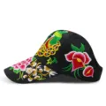 Retro ethnic style black visor cap featuring vibrant peacock and floral embroidery details - Peacock & Peony / Adjustable / Black with Red Floral