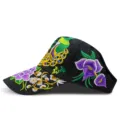 Ethnic style black sun visor with vibrant colorful floral and peacock embroidery - Peacock & Peony / Adjustable / Black Purple Floral