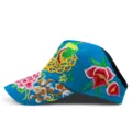 Light blue sun visor with colorful peacock and floral embroidery in retro ethnic style - Peacock & Peony / Adjustable / Lake Blue