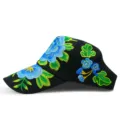 Ethnic style women's sun visor hat with blue embroidered flowers on black canvas - Hibiscus / Adjustable / Black With Blue Floral