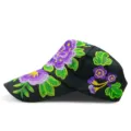 Vintage black ethnic style sun visor cap featuring colorful purple floral embroidery details - Hibiscus / Adjustable / Black Purple Floral