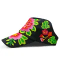 Vintage black ethnic sun visor hat featuring vibrant colorful floral embroidery for women - Hibiscus / Adjustable / Black with Red Floral