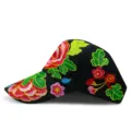 Ethnic style visor cap featuring vibrant floral embroidery on a black background - Fugui Flower / Adjustable / Black with Red Floral