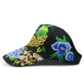 Ethnic style black sun visor hat with colorful peacock and floral embroidery detail - Peacock & Peony / Adjustable / Black With Blue Floral