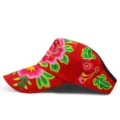 Ethnic style red sun visor hat featuring intricate vibrant floral embroidery patterns - Hibiscus / Adjustable / Red