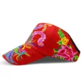 Ethnic style red sun visor hat featuring vibrant multi-colored floral and bird embroidery designs - Phoenix / Adjustable / Red