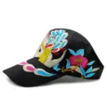 Ethnic style black sun visor cap with colorful floral peacock embroidery for women - Peacock / Adjustable / Black