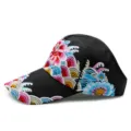Ethnic style black sun visor cap with colorful floral embroidery and retro art design - Coral Flower / Adjustable / Black