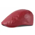 Elegante gorra plana de cuero PU rojo oscuro para hombre y mujer con acabado texturizado - Ajustable (56-59cm) / Snap Button Adjustment Style / Rojo