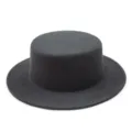 Classic retro black felt flat-top boater hat with wide brim for autumn and winter - Dark Gray