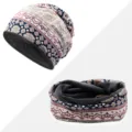 Berretto e sciarpa ad anello in cotone con stampa floreale e fodera in pile grigio - Stile Bohémien - Foderato in Pile / Set Cappello e Scaldacollo / Blu rosato