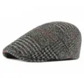Classic grey herringbone wool flat cap for men featuring a red plaid pattern and retro style - Snap Button Adjustment / Grey Plaid