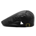 Boina clásica de cuero PU negro para hombre y mujer con hebilla lateral ajustable - Ajustable (56-59cm) / Estilo de Costura Vertical / Negro