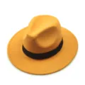 Classic mustard yellow wide brim faux felt fedora jazz hat with a stylish black band - Gold Yellow