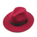 Vintage wine red wool-like fedora hat with wide brim and black decorative band - Burgundy