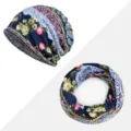 Set berretto e sciarpa in cotone sottile con stampa floreale da donna traspirante - Stampa Floreale - Sottile / Set Cappello e Scaldacollo / Blu