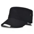 Classic solid black military-style flat top cadet cap with side breathable metal eyelets - Adjustable (56-60cm) / Style 7 - Black