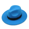 Vintage style bright blue wide brim wool fedora hat with black decorative ribbon band - Lake Blue