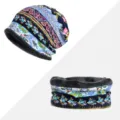 Berretto e scaldacollo 2 in 1 in cotone con stampa floreale e fodera in morbido pile - Stampa Floreale - Foderato in Pile / Set Cappello e Scaldacollo / Blu scuro