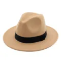 Vintage khaki felt wide brim fedora hat with elegant black band decoration - Light Khaki