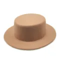 Classic tan wool felt flat top boater hat with wide flat brim for autumn winter fashion - Light Khaki