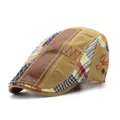 Stylish retro patchwork flat cap with plaid and faux leather panels for men and women - One Size / Appliqué / Khaki