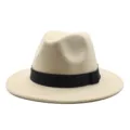 Classic beige British vintage wool felt fedora hat featuring a stylish black ribbon band. - Beige
